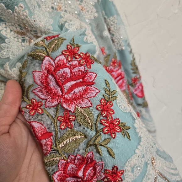 Soft Surroundings Intricate Embroidered Boho Floral Blue Red Analisa Skirt, M - Picture 8 of 14